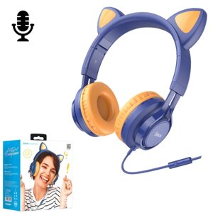 Дитячі навушники з котячими вушками дротові накладні для телефону Hoco, дитячі аудіо навушники сині котик