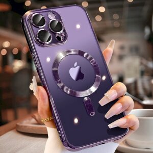 Фіолетовий жіночий чохол iPhone 14 Pro Max із захистом камери прозорий силіконовий purple MagSafe магнітний