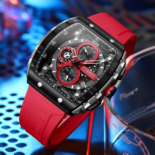 Червоний годинник чоловічий кварцовий з датою хронографом Curren, модний прямокутний годинник чоловічий наручний