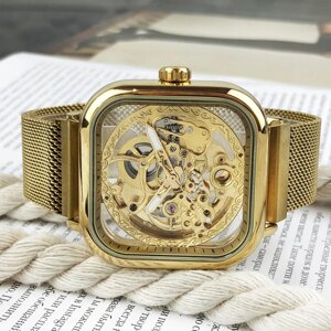 Квадратний годинник наручний кольору золота чоловічий механічний, Скелетон годинник механіка чоловічий з браслетом