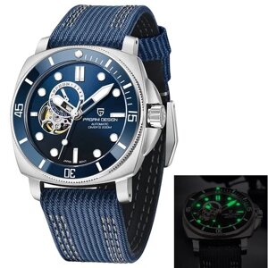 Механічний годинник водонепроникний 200 м з автопідзаводом Pagani, синій наручний годинник механічний з ремінцем