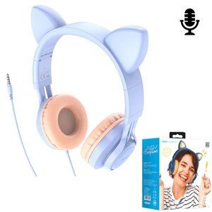 Навушники дитячі з вушками провідні з мікрофоном Hoco W36, накладні дитячі навушники котики cat блакитні