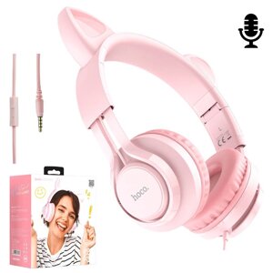 Рожеві навушники з вушками дротові для телефона Hoco, накладні дитячі навушники з вушками котика з мікрофоном