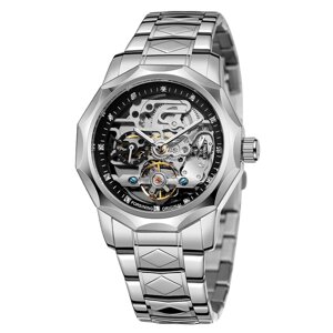 Сріблястий годинник чоловічий механічний з автопідзаводом Forsining, Сталевий наручний годинник Скелетон для чоловіка