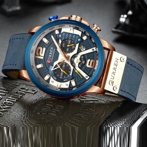 Синій наручний годинник чоловічий круглий кварцовий з ремінцем Curren, модний наручний годинник чоловічий з хронографом