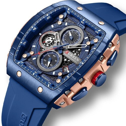 Синій наручний годинник чоловічий з датою хронографом, прямокутний годинник чоловічий кварцовий синього кольору Curren