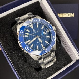 Сталевий наручний годинник чоловічий з датою синім циферблатом Pagani Design, механічний годинник водонепроникний