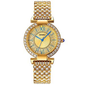 Жіночий годинник на браслеті зі стразами золотий Skmei, металевий кварцовий годинник жіночий золотий зі стразами з