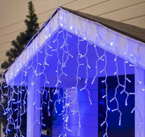 Гірлянда Дощ білий дріт 3,3 мм з виделкою прозора циліндрична вулична лампа 120 LED (синій)