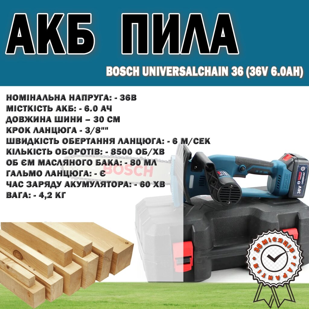 Акумуляторна ланцюгова пила Bosch UniversalChain 36 (36V 6.0 Ah), Бездротова АКБ пила 3/8" від компанії Show Market - фото 1