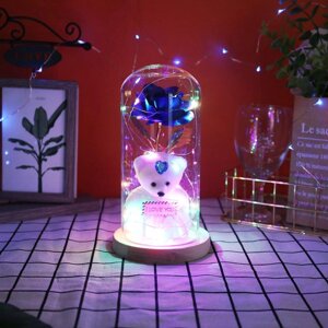 Нічник Троянда в Колбі з Ведмедикою і Led Підсвіткою 20 см на Батарейках | LED нічник