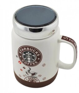 Чашка керамічна з кришкою Starbucks SH 025-1 Brown гуртка Старбакс