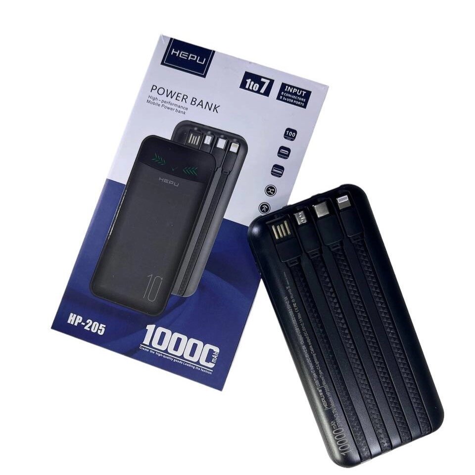 Power Bank HEPU HP205 10000 mAh, Повербанк із набором зарядних кабелів, Портативна зарядка для телефона від компанії Show Market - фото 1