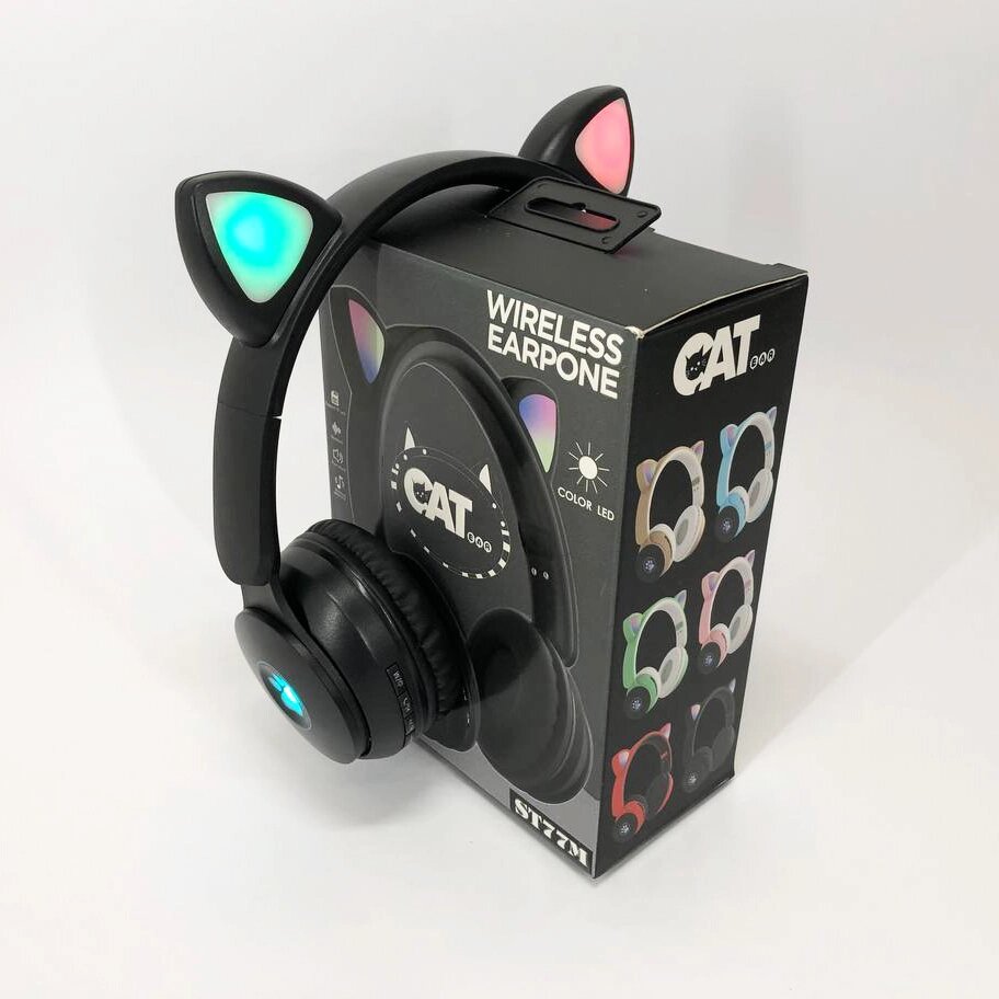 Бездротові навушники ST77 LED з котячими вушками, що світяться. Колір: чорний від компанії Магазин електрики промислових товарів та інструментів - фото 1