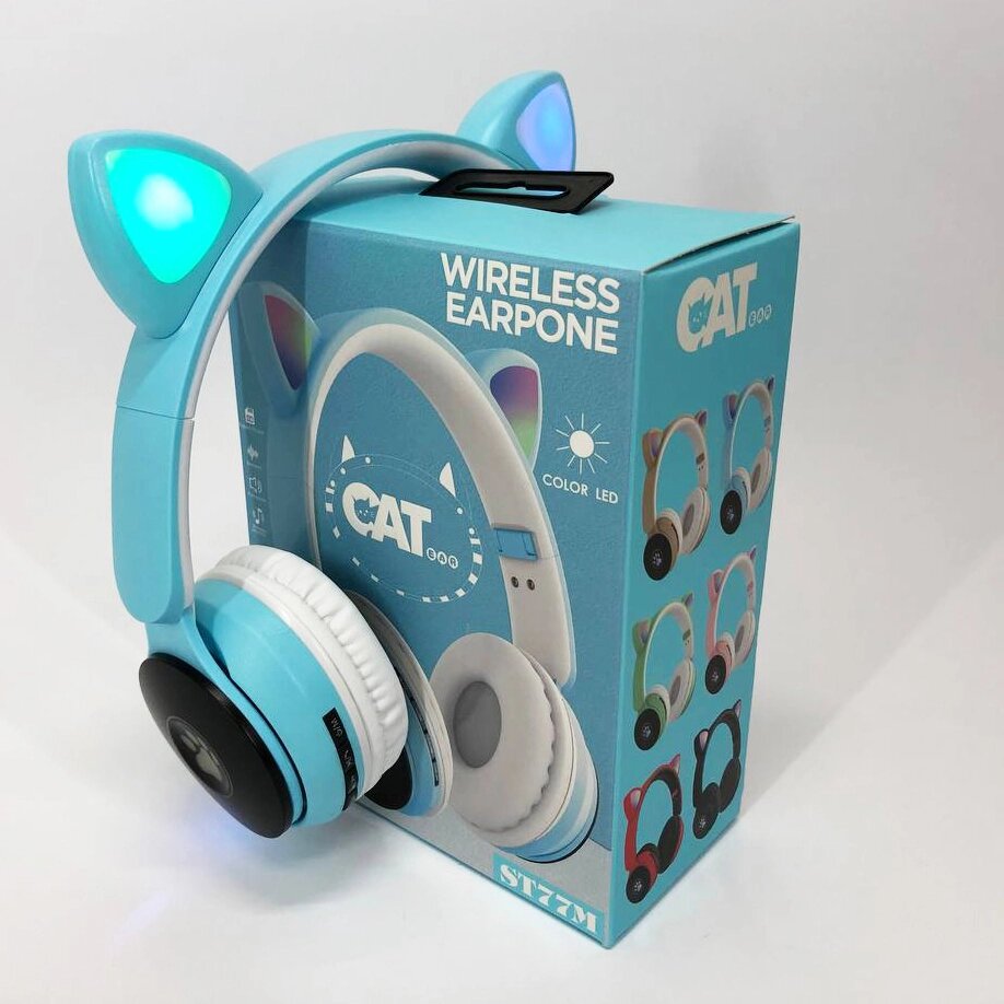 Бездротові навушники ST77 LED з котячими вушками, що світяться. Колір: синій від компанії Магазин електрики промислових товарів та інструментів - фото 1