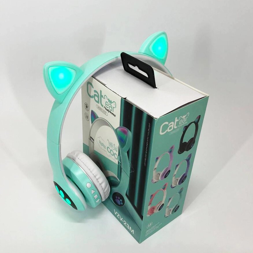 Бездротові навушники з котячими вушками та RGB підсвічуванням Cat VZV 23M. Колір: зелений від компанії Магазин електрики промислових товарів та інструментів - фото 1