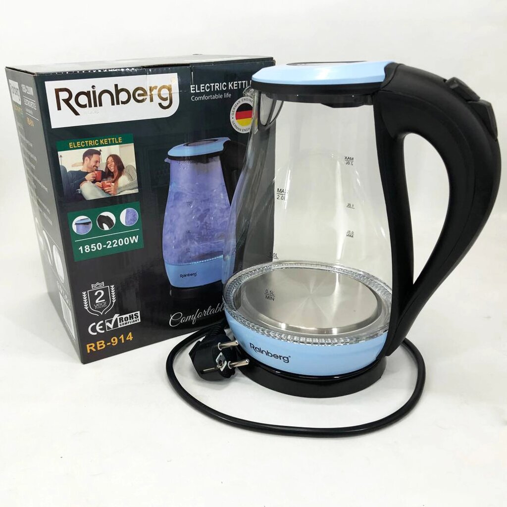 Чайник електричний скляний Rainberg RB-914, прозорий чайник з підсвічуванням. Колір: блакитний від компанії Магазин електрики промислових товарів та інструментів - фото 1