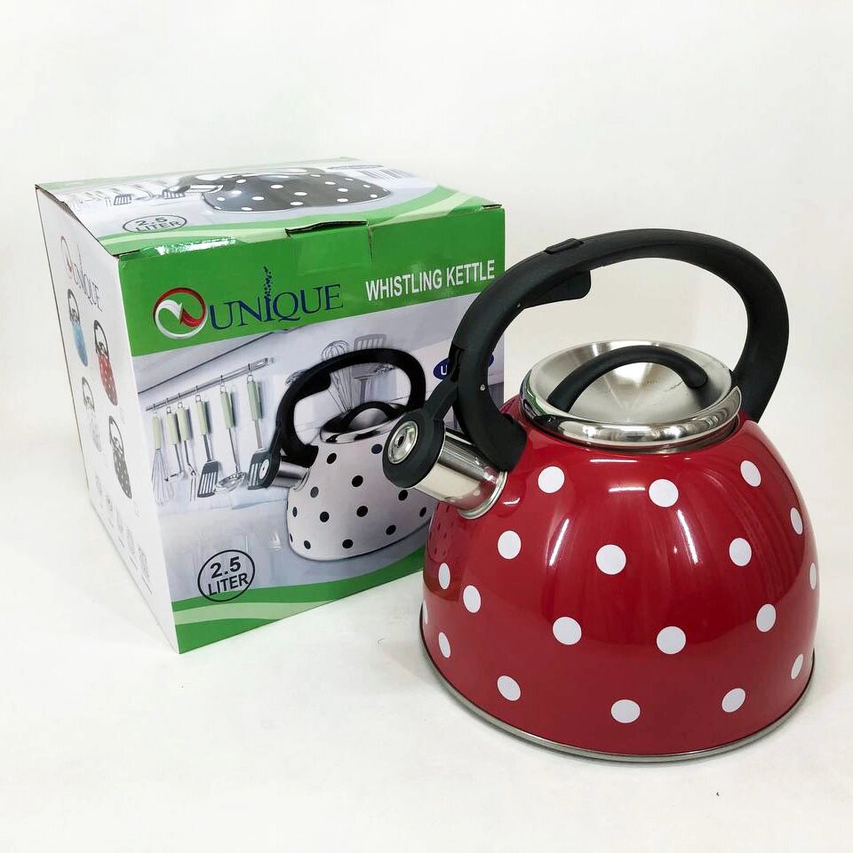 Чайник із свистком для газової плити Unique UN-5301 2,5л горошок, гарний чайник для плити. Колір: червоний від компанії Магазин електрики промислових товарів та інструментів - фото 1