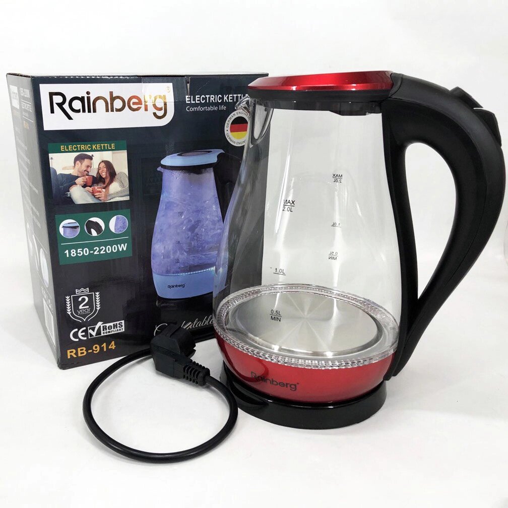Чайник скляний електричний Rainberg RB-914, стильний електричний чайник. Колір: червоний від компанії Магазин електрики промислових товарів та інструментів - фото 1