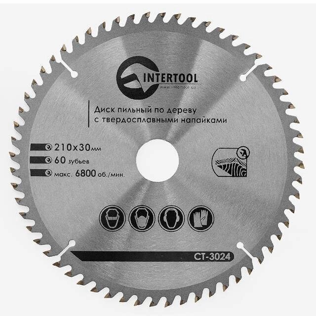 Диск пильний по деревині з твердосплавними напайками 210x30x1.5 мм, 60 зубів, 6800об/хв INTERTOOL CT-3024 від компанії Магазин електрики промислових товарів та інструментів - фото 1