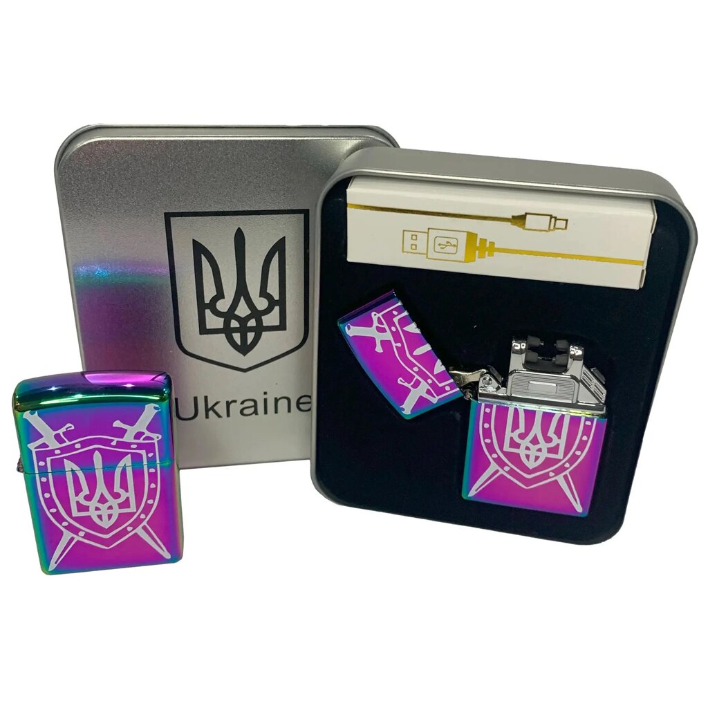 Дугова електроімпульсна запальничка USB Україна (металева коробка) HL-446. Колір: хамелеон від компанії Магазин електрики промислових товарів та інструментів - фото 1