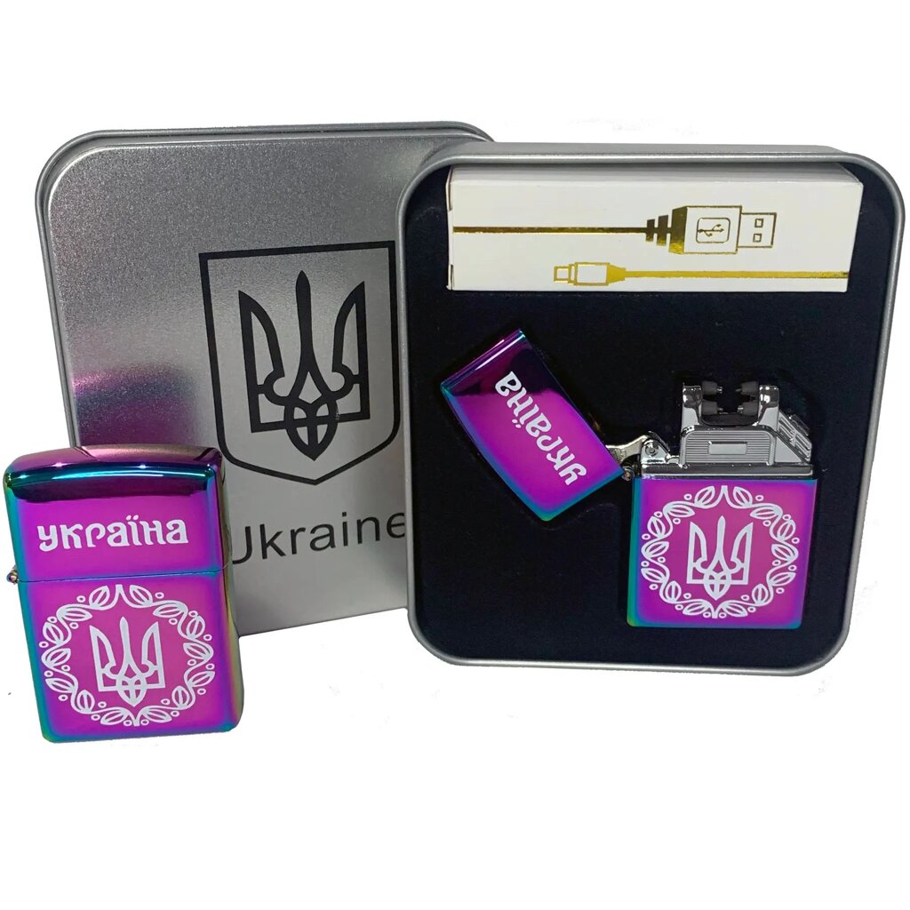 Дугова електроімпульсна запальничка USB Україна (металева коробка) HL-447. Колір: хамелеон від компанії Магазин електрики промислових товарів та інструментів - фото 1