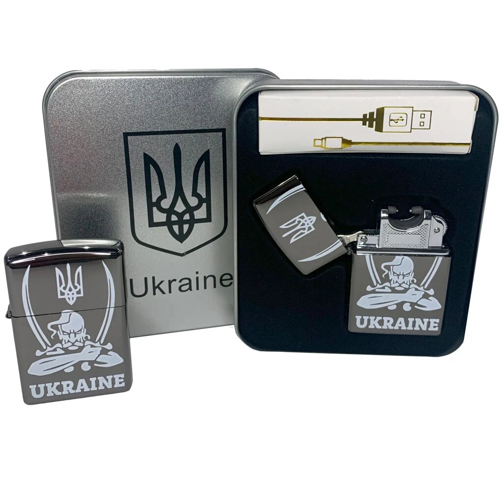 Дугова електроімпульсна запальничка USB Україна (металева коробка) HL-449. Колір: чорний від компанії Магазин електрики промислових товарів та інструментів - фото 1