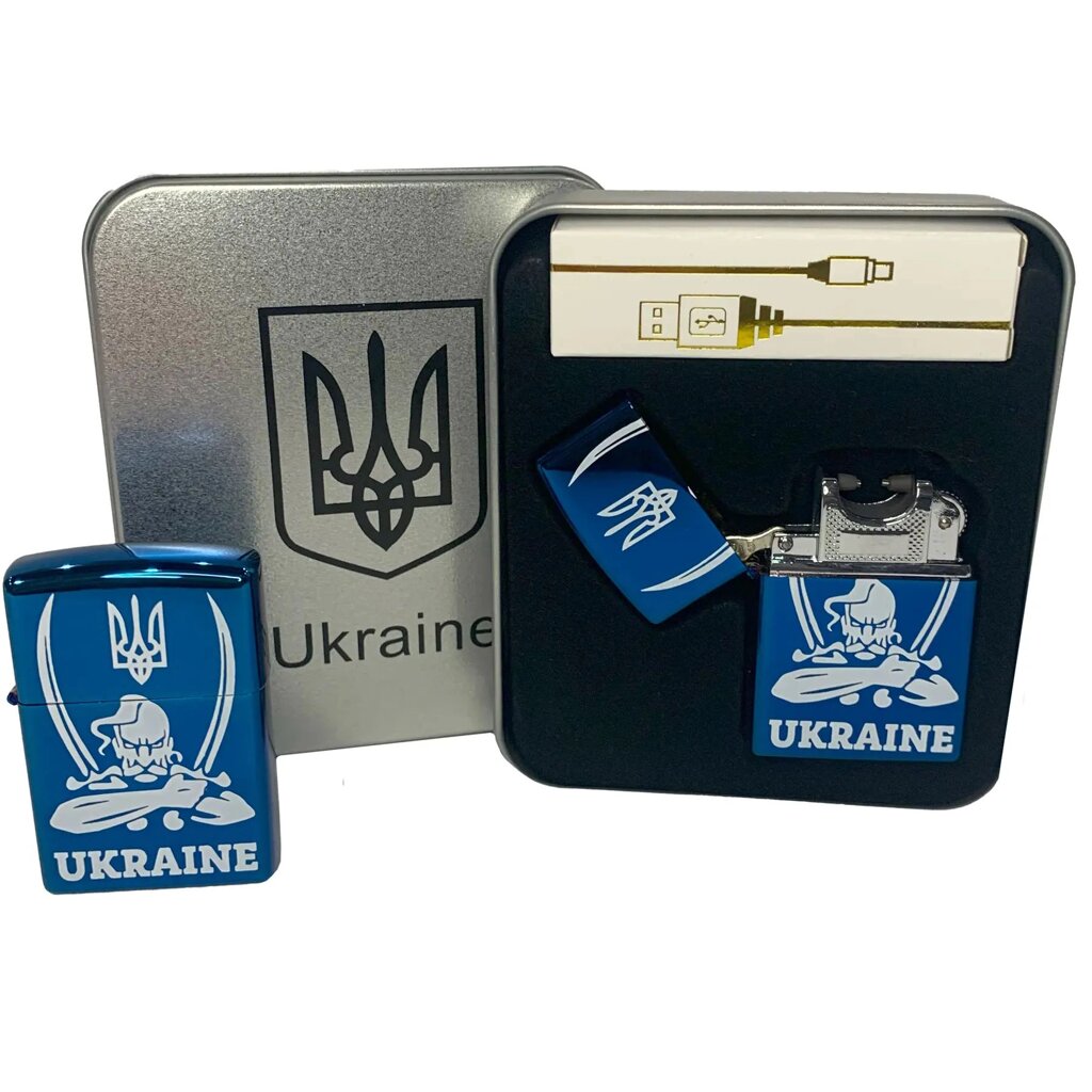 Дугова електроімпульсна запальничка USB Україна (металева коробка) HL-449. Колір: синій від компанії Магазин електрики промислових товарів та інструментів - фото 1