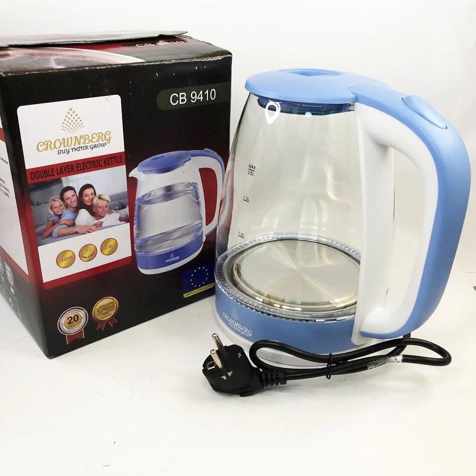 Електричний скляний чайник Crownberg CB-9410B, тихий електричний чайник. Колір блакитний від компанії Магазин електрики промислових товарів та інструментів - фото 1