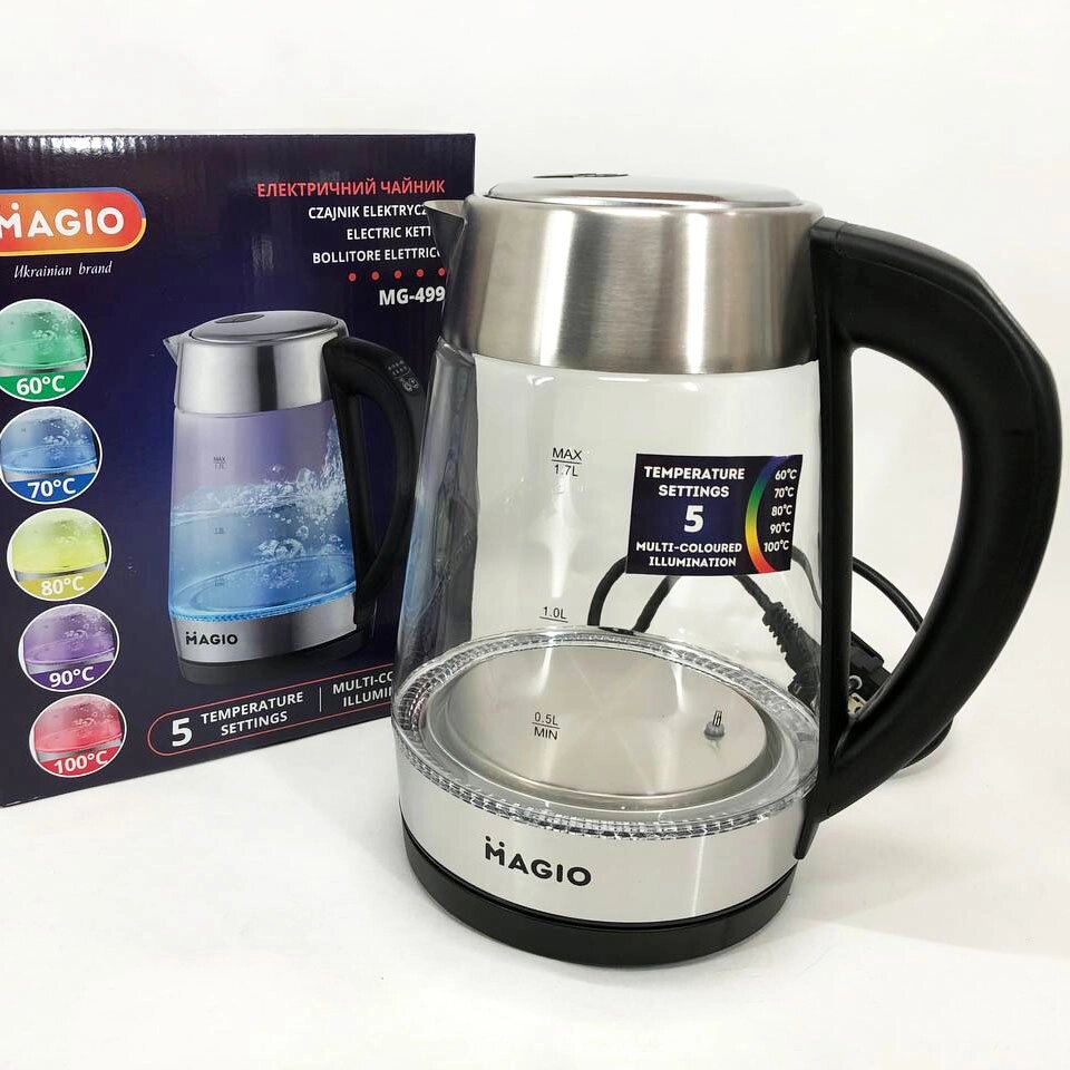 Електрочайник MAGIO MG-499, чайник прозорий з підсвічуванням, електрочайник з підсвічуванням від компанії Магазин електрики промислових товарів та інструментів - фото 1