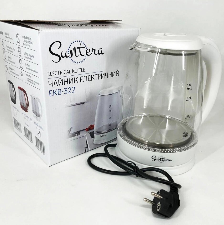 Електрочайник Suntera EKB-322W, чайники з підсвічуванням, гарний електричний чайник. Колір: білий від компанії Магазин електрики промислових товарів та інструментів - фото 1