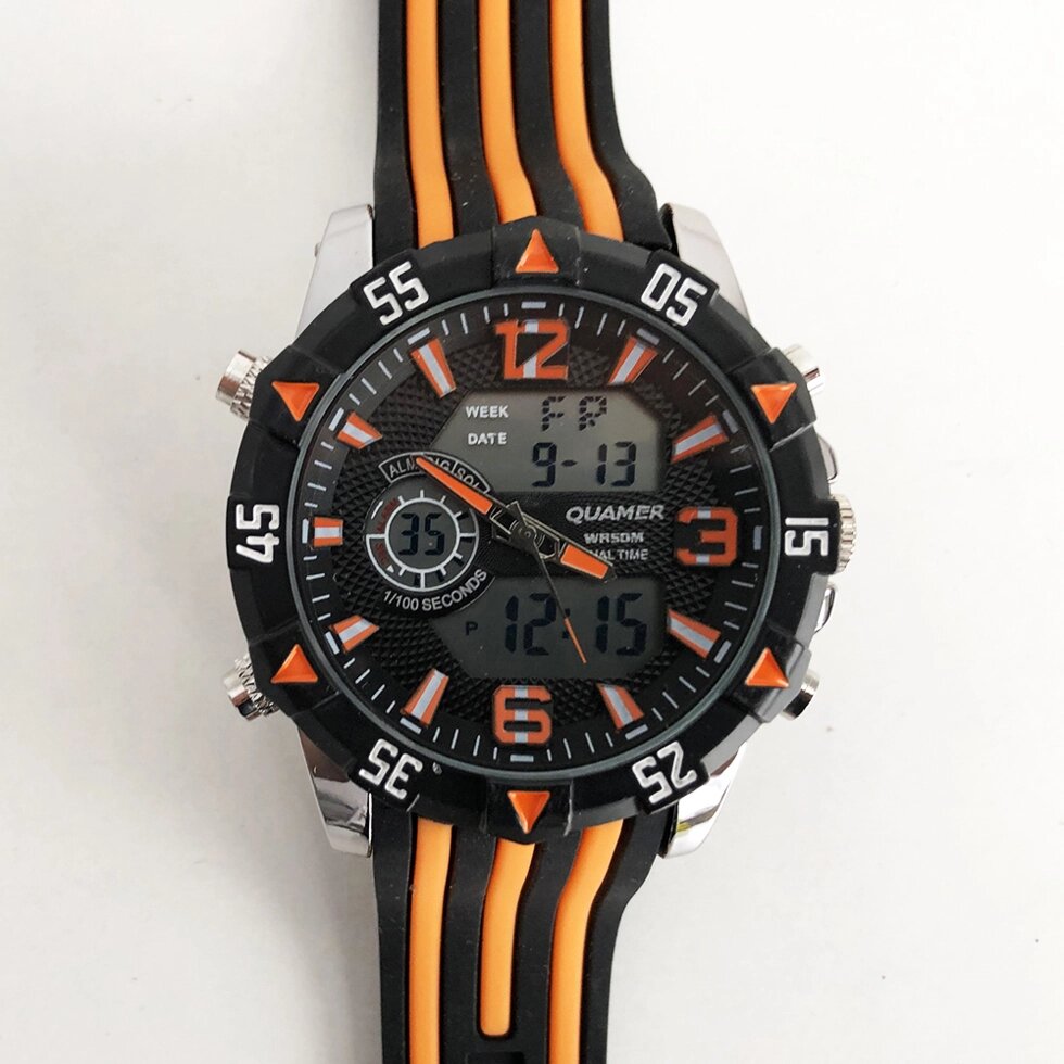 Годинник наручний QUAMER, dual time, ремінець каучук. Колір помаранчевий від компанії Магазин електрики промислових товарів та інструментів - фото 1