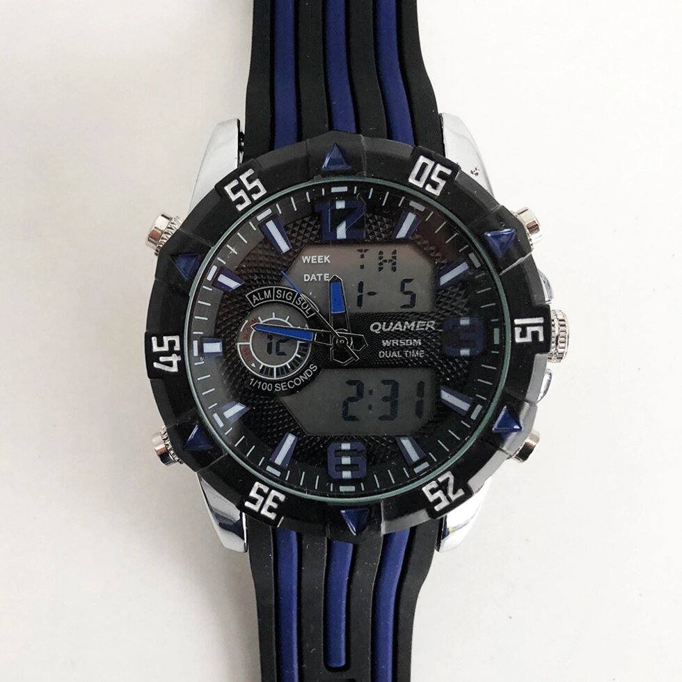 Годинник наручний QUAMER, dual time, ремінець каучук. Колір синій від компанії Магазин електрики промислових товарів та інструментів - фото 1