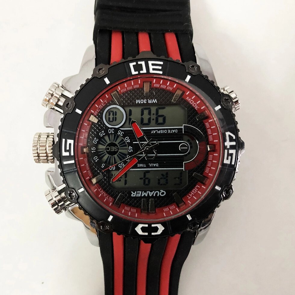 Годинник наручний QUAMER, ремінець каучук, dual time. Колір червоний від компанії Магазин електрики промислових товарів та інструментів - фото 1