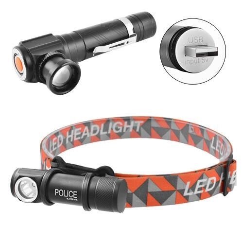 Ліхтар налобний акумуляторний Police W01-T6 USB з магнітом, портативний світлодіодний налобний ліхтар від компанії Магазин електрики промислових товарів та інструментів - фото 1