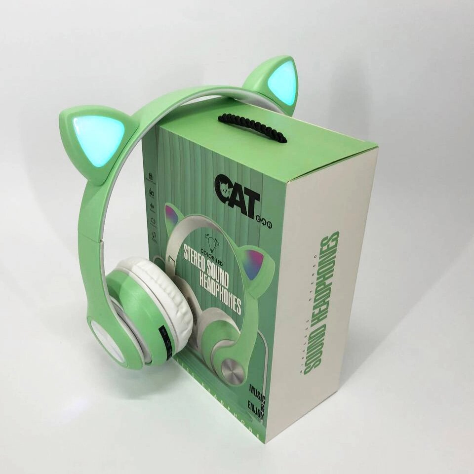 Навушники накладні бездротові ST37M зі котячими вушками, що світяться. Колір: зелений від компанії Магазин електрики промислових товарів та інструментів - фото 1