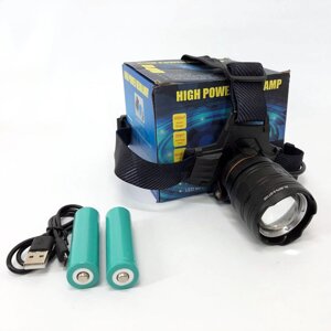 Ліхтар налобний потужний Bailong BL-8075-2-GT100, 3 режими, Zoom, алюміній, акумулятор 2*18650, USB кабель