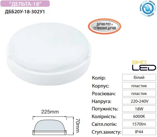 Світильник Horoz LED д/р ДББ 20У-18-302У1 Дельта-18 Д 18Вт. 6000K 1570Lm 220V IP44 круглий/6 від компанії Магазин електрики промислових товарів та інструментів - фото 1