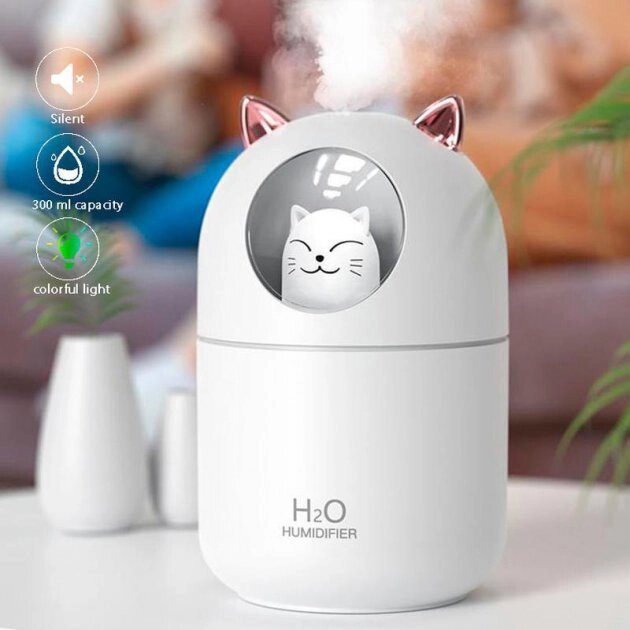 Зволожувач повітря Humidifier H2O Cat USB із котиком на 300мл. Колір: білий від компанії Магазин електрики промислових товарів та інструментів - фото 1