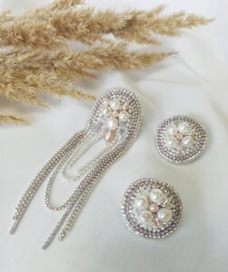 Асиметричні сережки з страз білого кольору, весільні сережки, моно сережка 11 см, Сет з трьох сережок