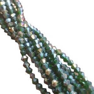 Намистини кришталеві (біконус) 2 мм, нитка 165-170 шт, колір - з переливом зелений