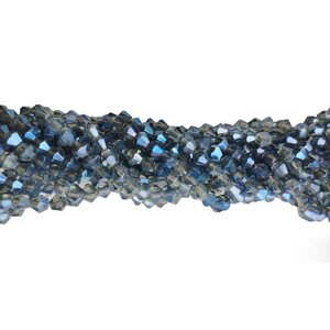 Кришталеві намистини (Біконус) 4 мм упаковка 95-100 шт, колір - синій прозорий з переливом