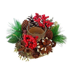 Декоративний новорічний підсвічник червоні ягоди з шишками та колбою 15 см (NY23)