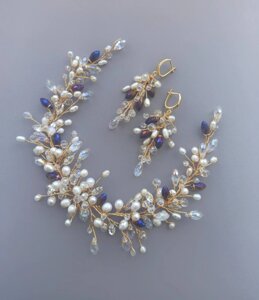 Набір весільних прикрас, перлинна гілочка в зачіску та сережки з натуральними перлами.