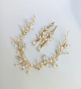 Набір весільних прикрас, перлинна гілочка в зачіску та сережки з натуральними перлами.