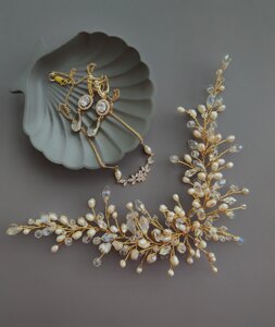 Набір весільних прикрас, перлина гілочка в зачіску та сережки і підвіска з натуральними перлами