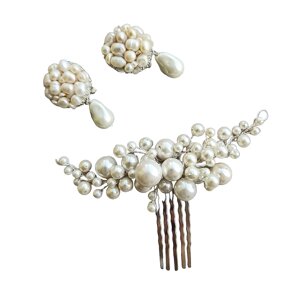 Набір прикрас для нареченої гребінець у зачіску та сережки пусети з натуральних перлин (NP-0064)