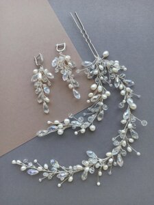 Набір прикрас для нареченої, шпилька в зачіску та сережки з натуральними перлами