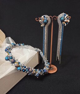 Набір прикрас на випускний, обруч і стразові сережки сріблясто-синього кольору, Ksenija Vitali
