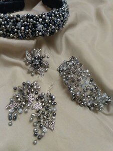 Набір прикрас, сережки з намистин, нарядний обруч, браслет і кільце, колір срібло Ksenija Vitali